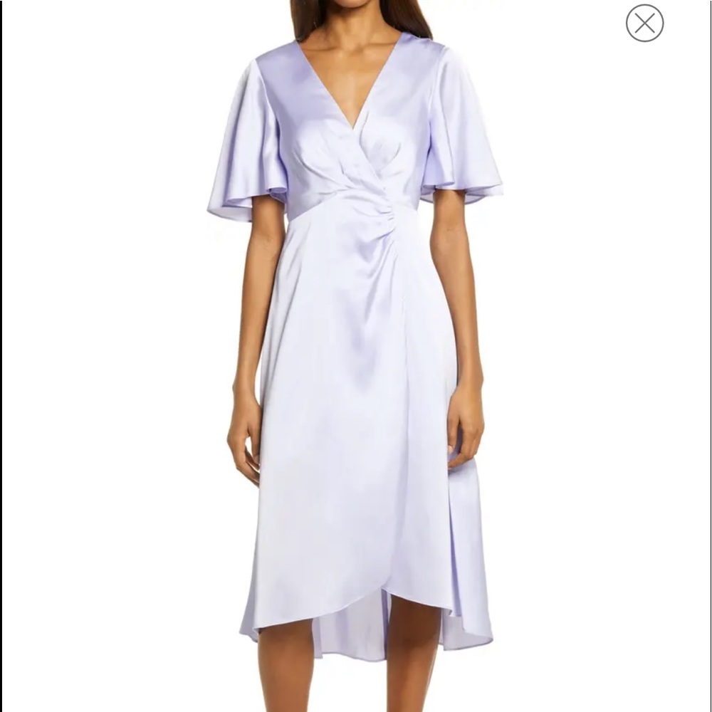 Floret Studios Flutter Sleeve Satin Midi Dress